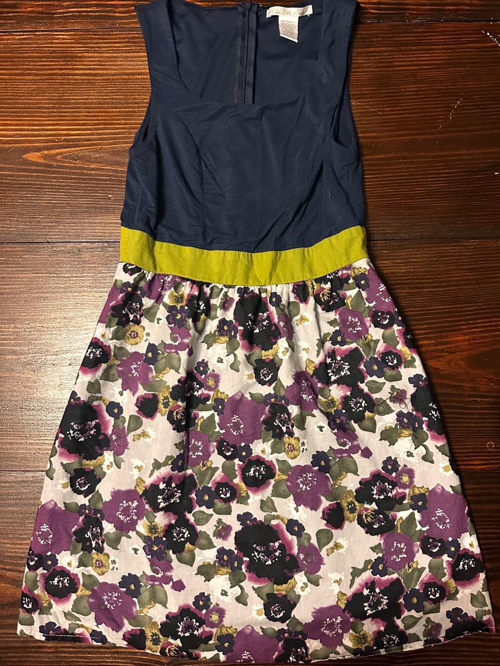 Charlotte Russe Navy Top Floral Purple & Olive Waistband Dress